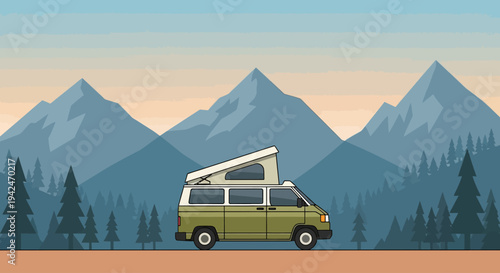 Green camper van camping in a scenic mountain forest