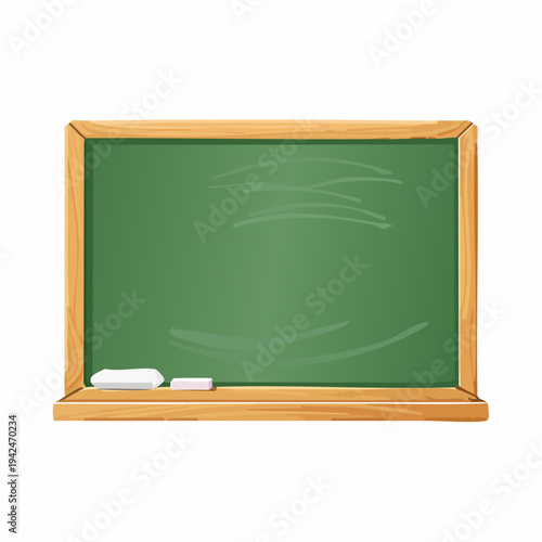 Green chalkboard with chalk and eraser on white background