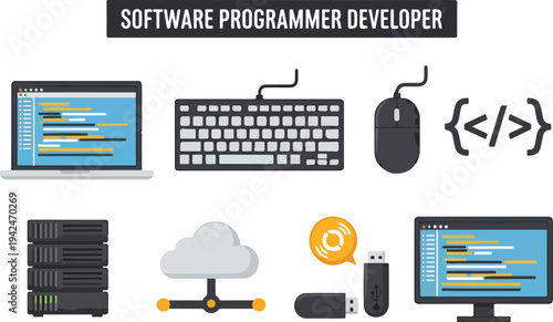 A graphic featuring a computer keyboard mouse server cloud USB drives and code symbols