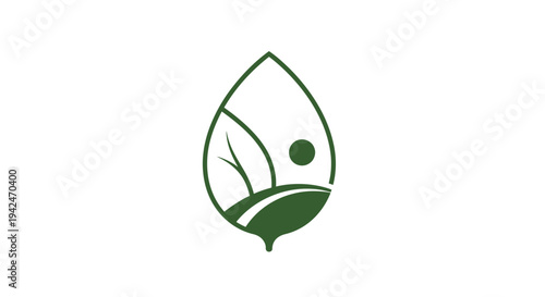 Green leaf nature logo with abstract landscape and sun