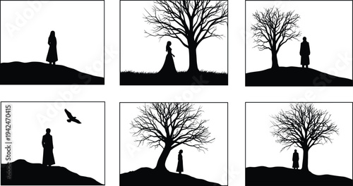 Lonely woman and man silhouettes under leafless tree landscape collection black vector illustration solitude nature scene isolated background