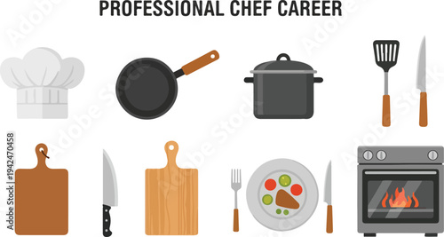 A graphic featuring chef tools Includes a hat pan pot spatula knife cutting boards fork plate and oven