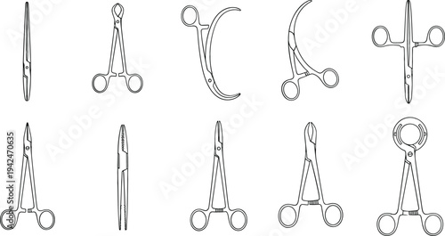Surgical Instruments Line Art Vector Set with Medical Forceps, Scissors and Surgical Tools Healthcare Illustration