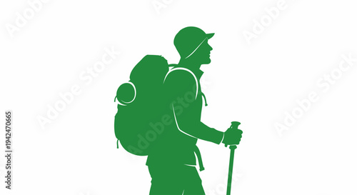 Green silhouette of a hiker with backpack and trekking pole