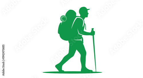 Green silhouette of hiker with backpack and trekking pole