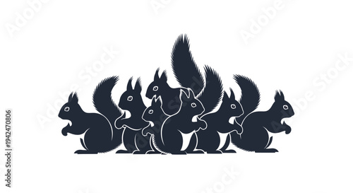 Group of dark gray squirrel silhouettes on white background