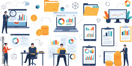 Business Data Analytics and Financial Statistics Vector Set with Charts, Reports, Laptop Dashboard, Mobile Analytics and Business Team Working Illustration