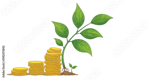 Growing stacks of gold coins with green money plant