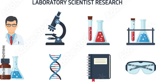 A scientist microscope lab equipment DNA notebook and safety glasses are shown