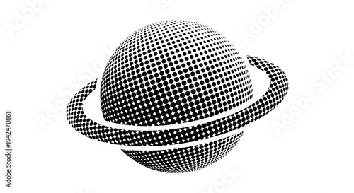 Halftone planet with rings graphic on white background