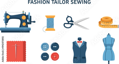 A sewing machine thread spool scissors tape measure cloth buttons vest and dress form