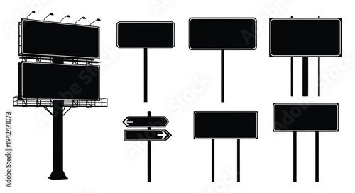 Collection of diverse blank advertising billboards and road signs vector illustration graphic design elements.