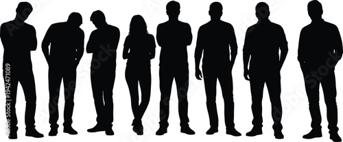 People standing silhouettes collection casual men and woman poses front view isolated black vector illustration crowd concept