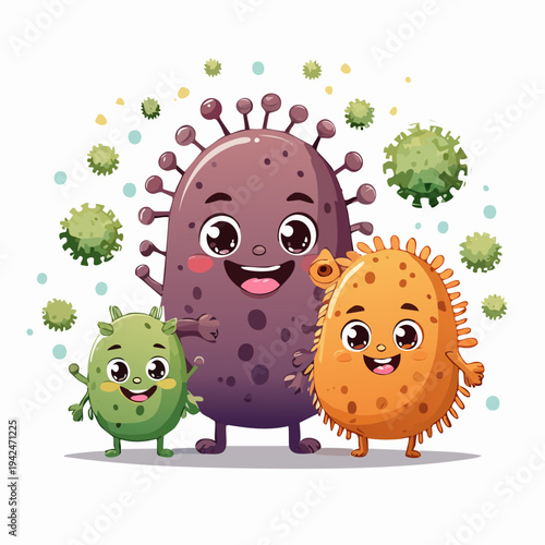 Happy cartoon microbes smiling on white background