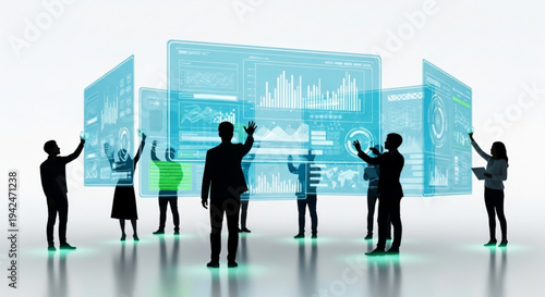 People interact with futuristic structures displaying technology icons and architectural abstracts in a virtual environment with black and white vector art.