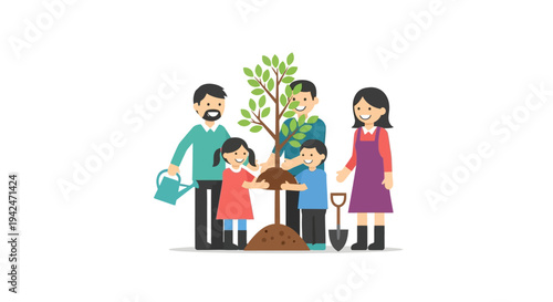 Happy family planting a tree seedling together outdoors