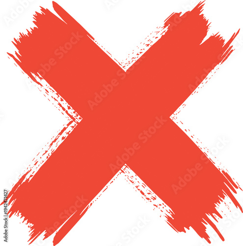 Red cross brush stroke mark symbol, grunge X sign isolated paint texture vector illustration error cancel concept