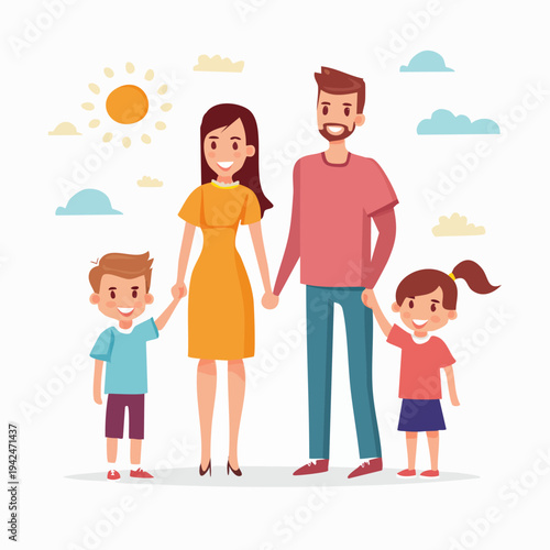 Happy family of four holding hands outdoors on a sunny day