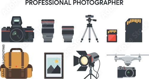 An illustration depicting various photography equipment including a camera lenses tripod memory cards a camera bag a framed picture a spotlight and a drone