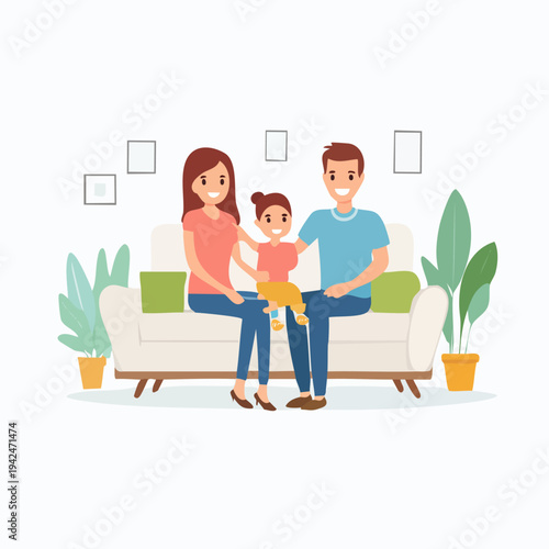 Happy family with one child sitting on sofa at home