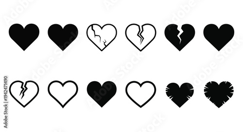 Vector graphic illustration featuring a collection of whole and broken heart icons representing love and emotion.
