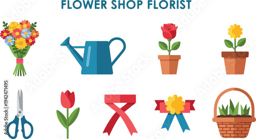 An illustration depicting various flower shop elements including bouquets tools and potted flowers all presented against a white backdrop
