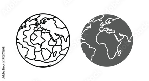 Simple vector globe illustration showing world continents with outline and filled styles graphic design.