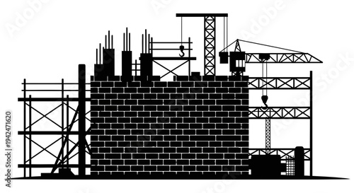 Building under construction with scaffolding and cranes showcasing architectural development and progress in a industrial setting with multiple construction elements and structural framework.