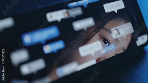 A woman's eye reflects on a phone screen with endless social media notifications. Abstract concept of cyberbullying, online harassment and digital anxiety