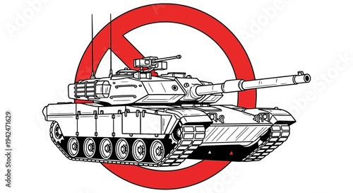 Anti war protest symbol featuring a tank inside a red prohibition circle with a clear message against military action and violence everywhere in the world today.
