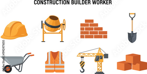 An illustration shows construction tools hardhat mixer bricks shovel wheelbarrow vest crane and cubes