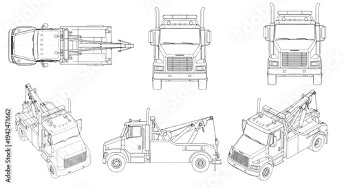 Tow Truck AutoCAD Blueprint Vector – Recovery Vehicle Multi-View Technical Drawing Black Outline Isolated on White
