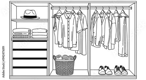 Modern organized walk-in closet with neatly arranged clothes and accessories on shelves and hangers in a minimalist design