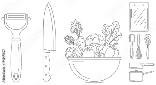 Kitchen utensils and fresh vegetables arranged neatly for cooking and meal preparation in a clean and organized kitchen setup for culinary activities and food preparation tasks