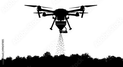 Drone sprays over futuristic structures in black and white vector art technology
