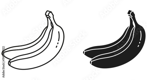 Simple black and white illustration of two bunches of bananas facing opposite directions on a clean white background with bold contrasting styles.