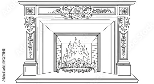 Elegant classic fireplace design with ornate details and burning flames in a traditional black and white illustration