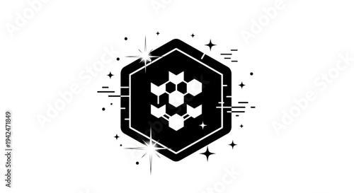 Futuristic structures depicted in black and white vector art with technology icons and architectural abstracts.