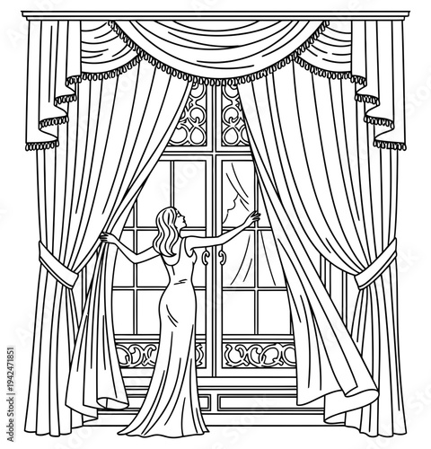 Elegant woman in flowing gown opening luxurious curtains to reveal a majestic window with ornate details and soft drapes in a classic black and white illustration style