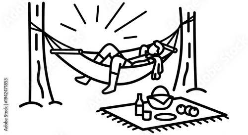 Person relaxing in a hammock between trees enjoying a picnic on a beautiful sunny day outdoors in nature with food and drinks nearby.