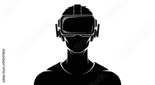 A person wearing futuristic virtual reality headset in black and white vector art