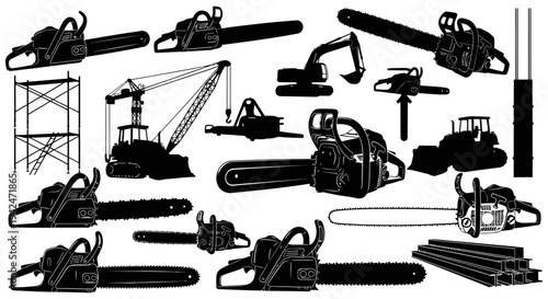 Collection of heavy machinery and equipment used for construction and logging purposes in various industries displayed in a collage on a white background