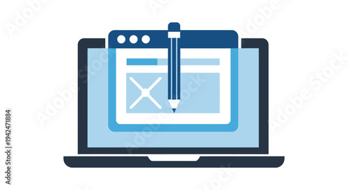 Modern vector graphic illustration showing a laptop with web design interface and a creative pencil