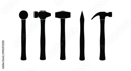 Collection of various hammer and tool vector silhouettes for construction and repair graphic design.