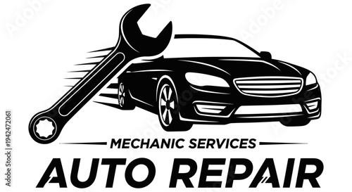 Auto repair services logo featuring a sleek black car and large wrench symbolizing mechanic expertise and vehicle maintenance