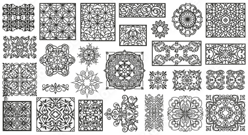 Collection of intricate black and white geometric and floral designs for crafting and decoration purposes featuring various patterns and motifs.