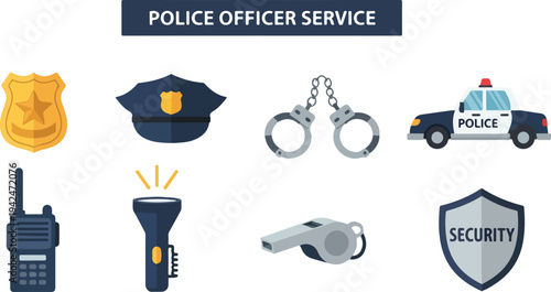 An illustration with policerelated icons including a badge hat handcuffs police car walkietalkie flashlight whistle and shield