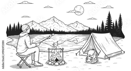 Lone camper enjoying peaceful evening by the campfire under the moonlight with a serene mountain landscape in the background