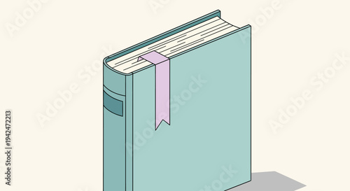 Isometric teal book with purple bookmark on light background