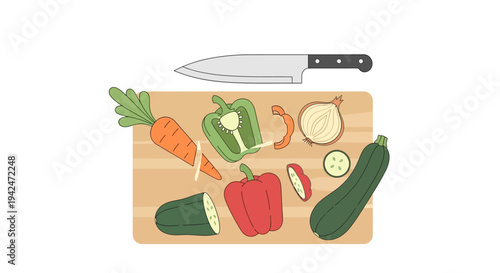 Kitchen knife and fresh vegetables on wooden cutting board